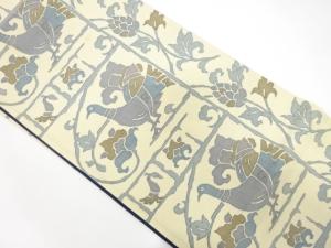 アンティーク　手織り紬　鳩に花唐草模様織り出し全通袋帯（材料）